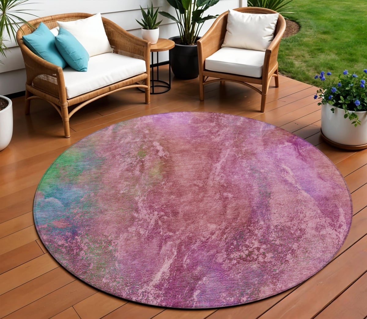 658635 8 ft. Blush Green & Purple Abstract Washable Transitional Indoor & Outdoor Round Area Rug