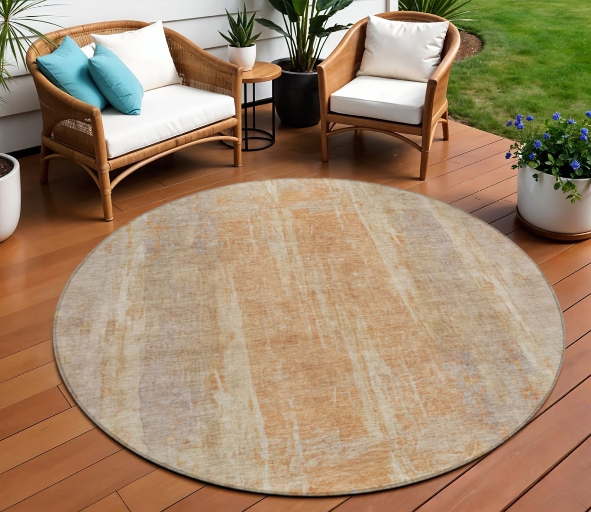 658665 8 ft. Khaki & Beige Abstract Washable Transitional Indoor & Outdoor Round Area Rug