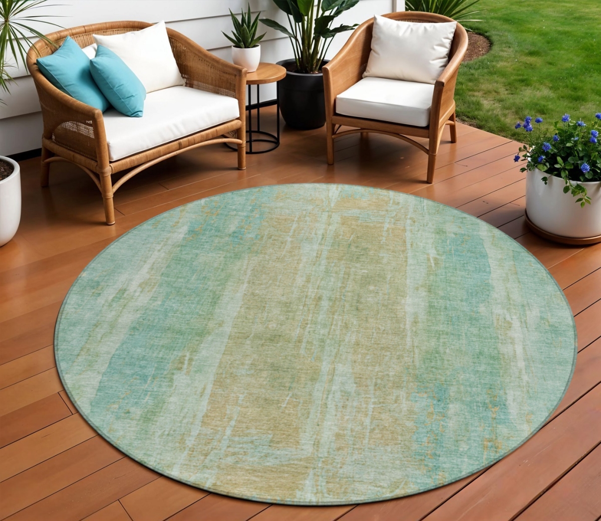 658695 8 ft. Teal, Blue & Copper Abstract Washable Transitional Indoor & Outdoor Round Area Rug