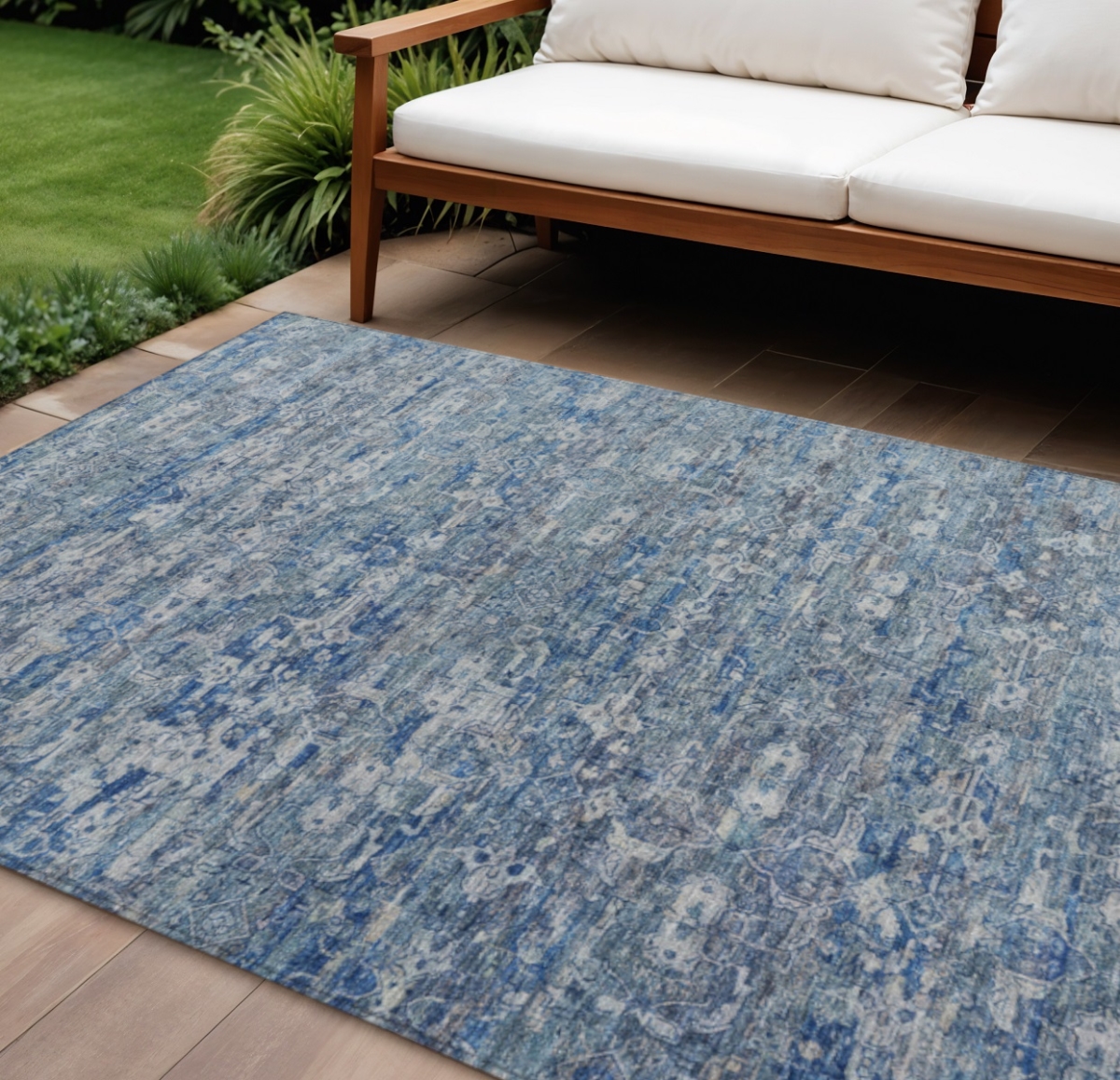 659358 9 x 12 ft. Denim Blue & Ivory Ikat Washable Transitional Indoor & Outdoor Rectangle Area Rug