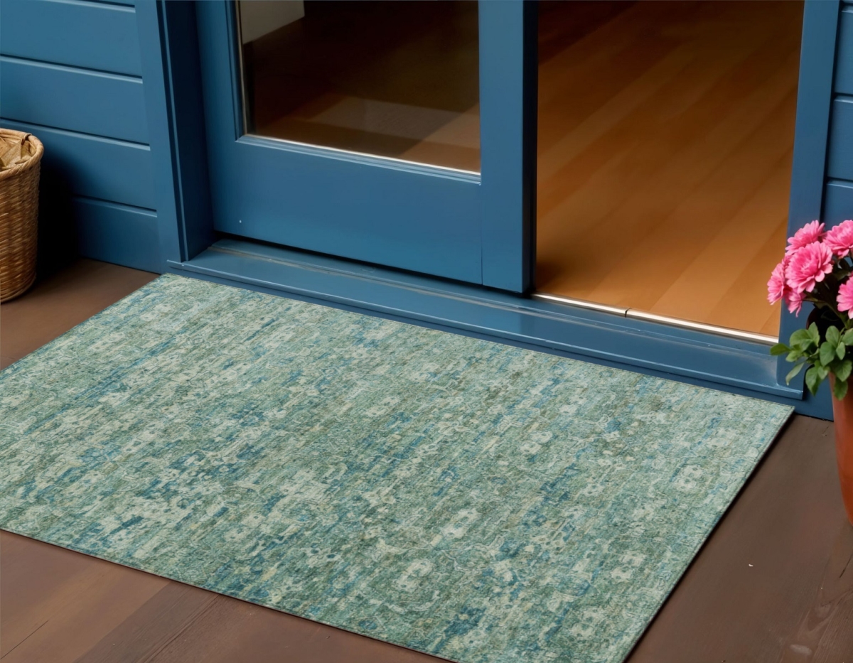 659384 3 x 5 ft. Teal, Blue & Ivory Ikat Washable Transitional Indoor & Outdoor Rectangle Area Rug