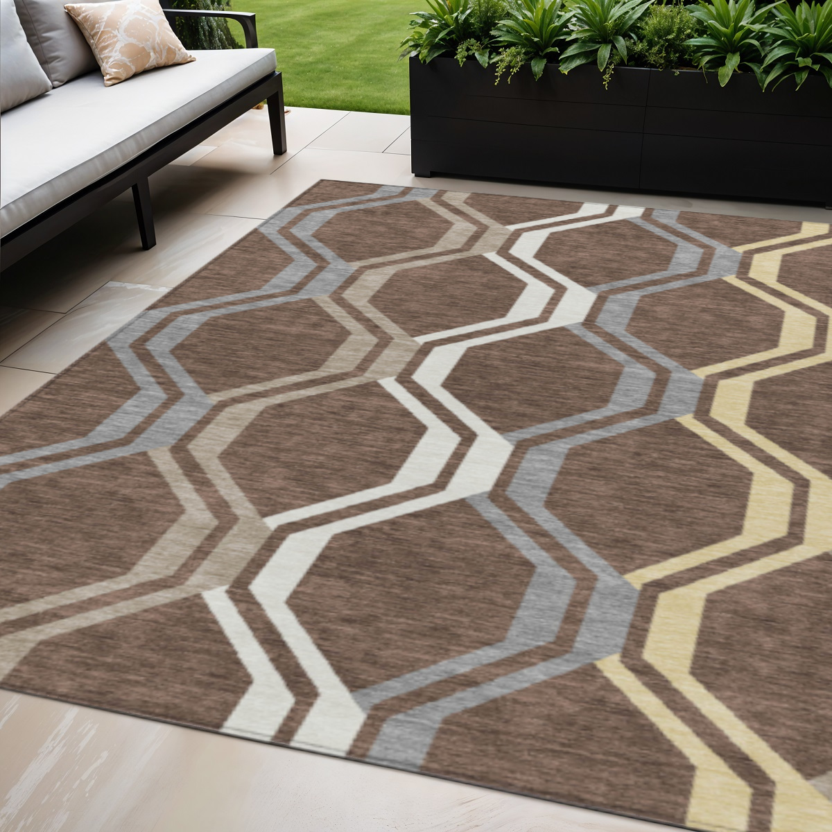 659439 5 x 8 ft. Chocolate Gray & Ivory Geometric Washable Transitional Indoor & Outdoor Rectangle Area Rug