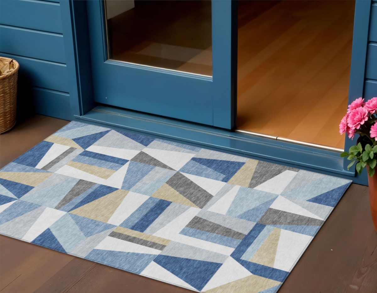 659520 3 x 5 ft. Blue Wheat & Ivory Geometric Washable Transitional Indoor & Outdoor Rectangle Area Rug