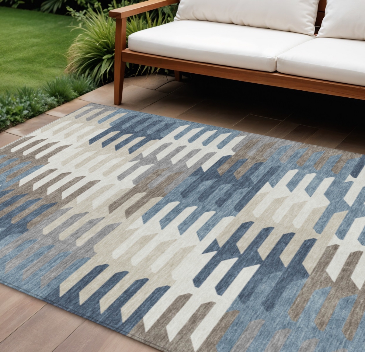 659567 10 x 14 ft. Denim Blue Beige & Ivory Geometric Washable Transitional Indoor & Outdoor Rectangle Area Rug