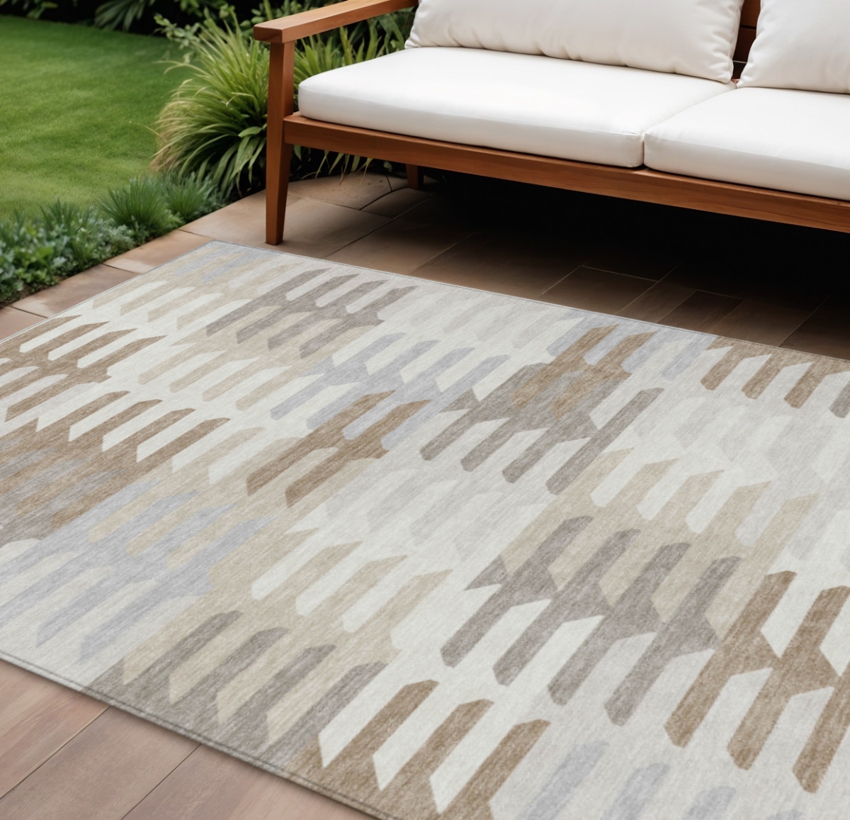 659579 10 x 14 ft. Ivory, Gray & Brown Geometric Washable Transitional Indoor & Outdoor Rectangle Area Rug