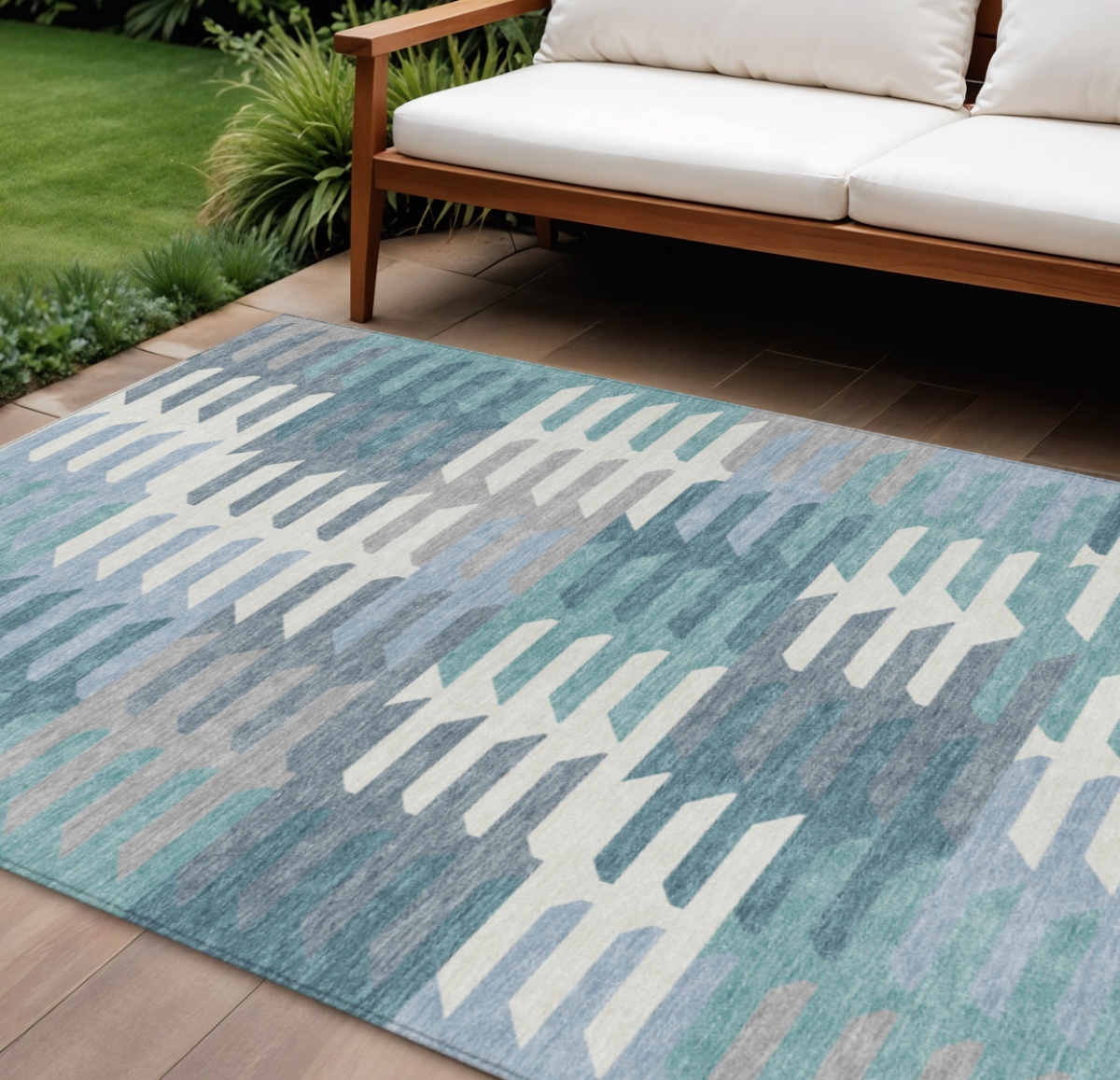 659596 9 x 12 ft. Teal Blue, Ivory & Gray Geometric Washable Transitional Indoor & Outdoor Rectangle Area Rug