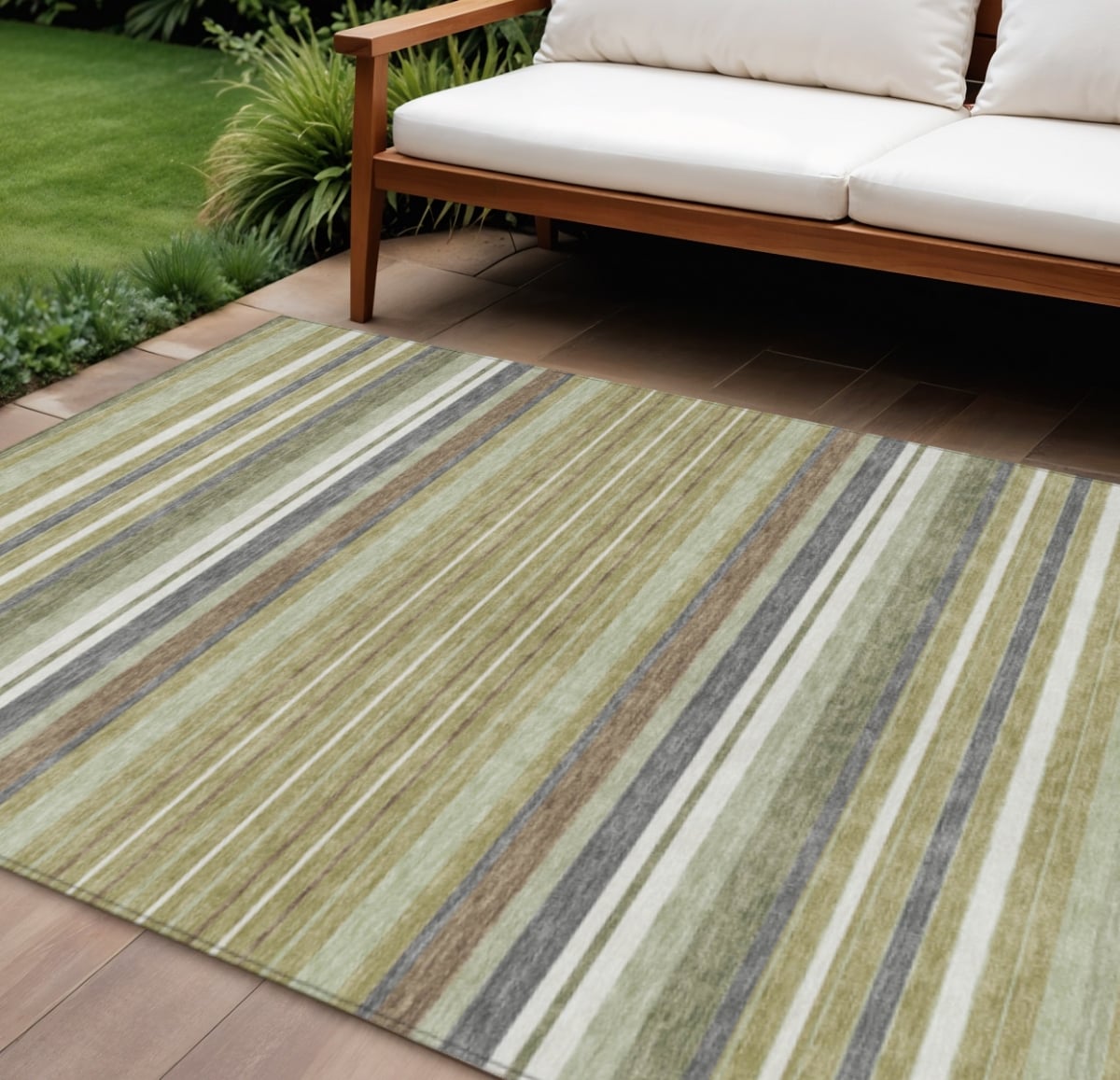 659650 9 x 12 ft. Artichoke Green Pewter & Ivory Striped Washable Transitional Indoor & Outdoor Rectangle Area Rug