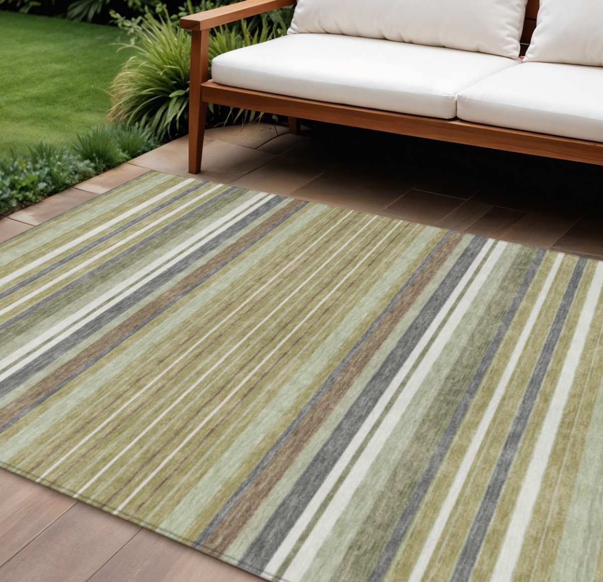 659651 10 x 14 ft. Artichoke Green Pewter & Ivory Striped Washable Transitional Indoor & Outdoor Rectangle Area Rug