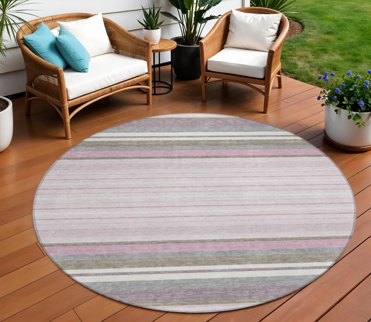 659654 8 ft. Blush Purple & Ivory Striped Washable Transitional Indoor & Outdoor Round Area Rug