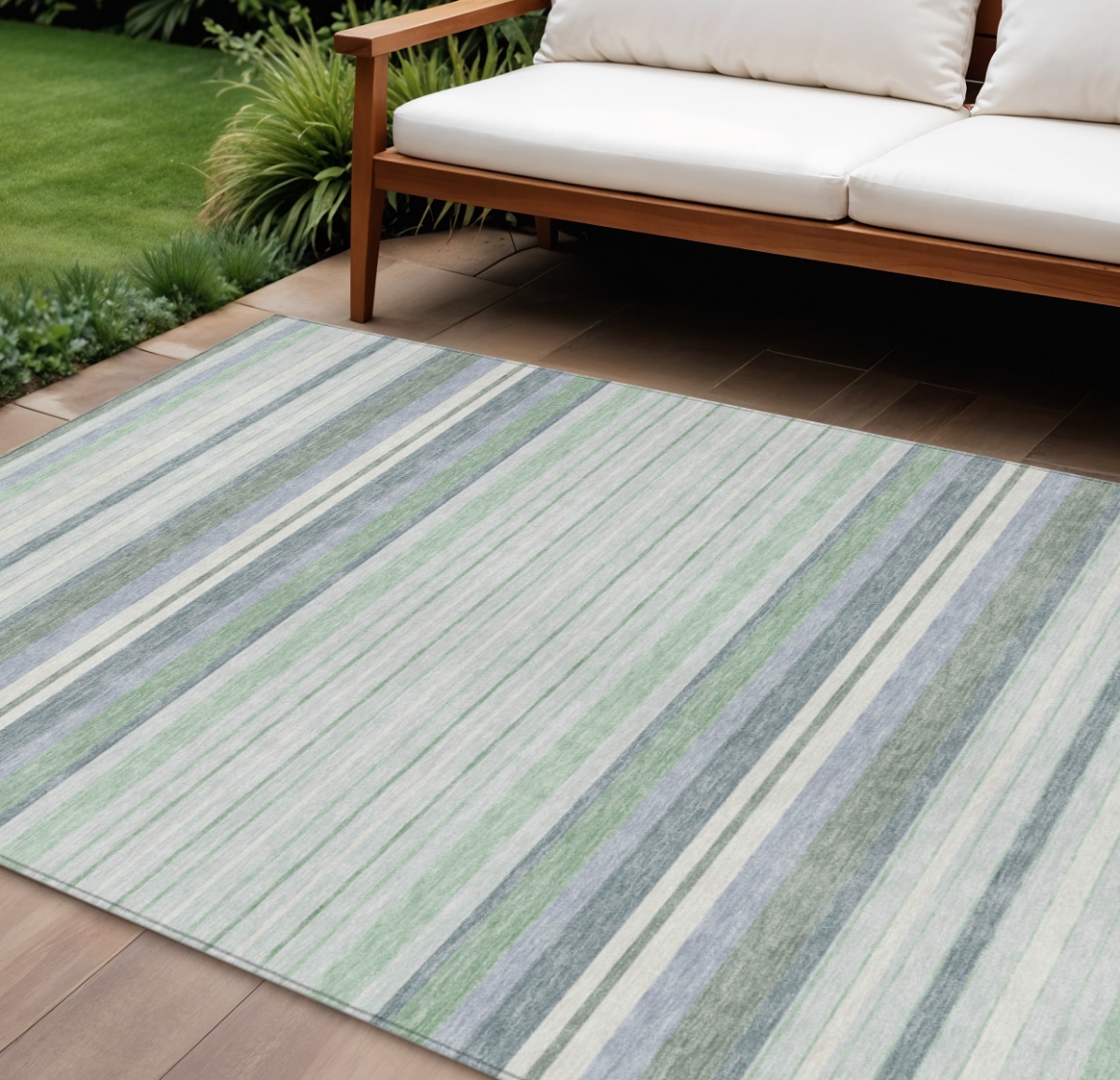 659669 10 x 14 ft. Mint Green & Ivory Striped Washable Transitional Indoor & Outdoor Rectangle Area Rug