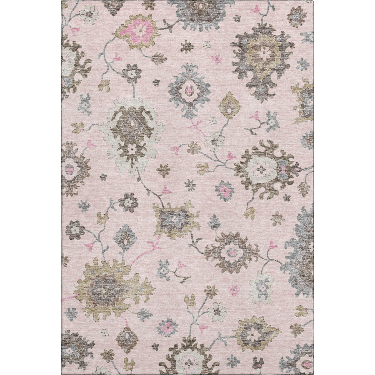 663303 8 x 10 ft. Pink, Ivory & Brown Floral Medallion Washable Machine Made Rectangle Area Rug with UV Protection