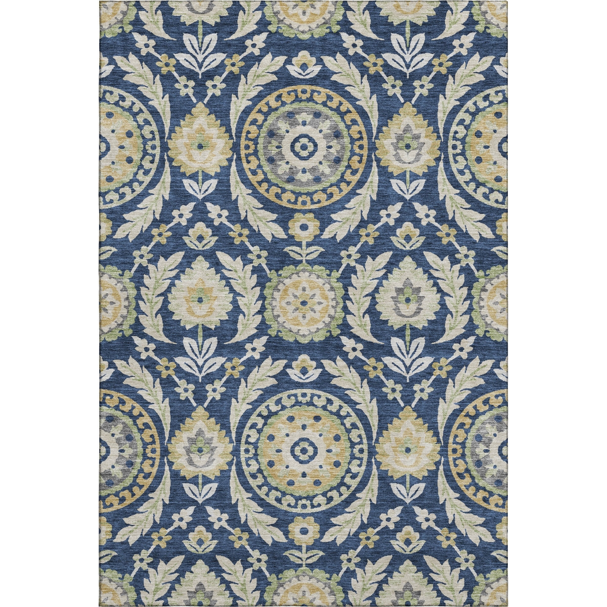 663221 10 x 14 ft. Navy Blue Gold & Beige Floral Washable Machine Made Rectangle Area Rug with UV Protection