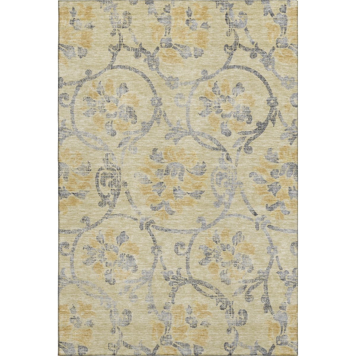 663966 10 x 14 ft. Gold Gray & Silver Floral Washable Machine Made Rectangle Area Rug with UV Protection