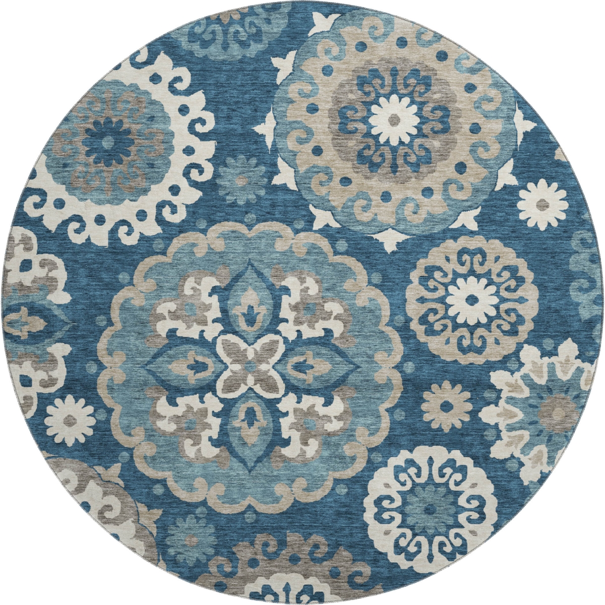 664029 8 ft. Blue, Ivory & Beige Medallion Washable Round Area Rug with UV Protection