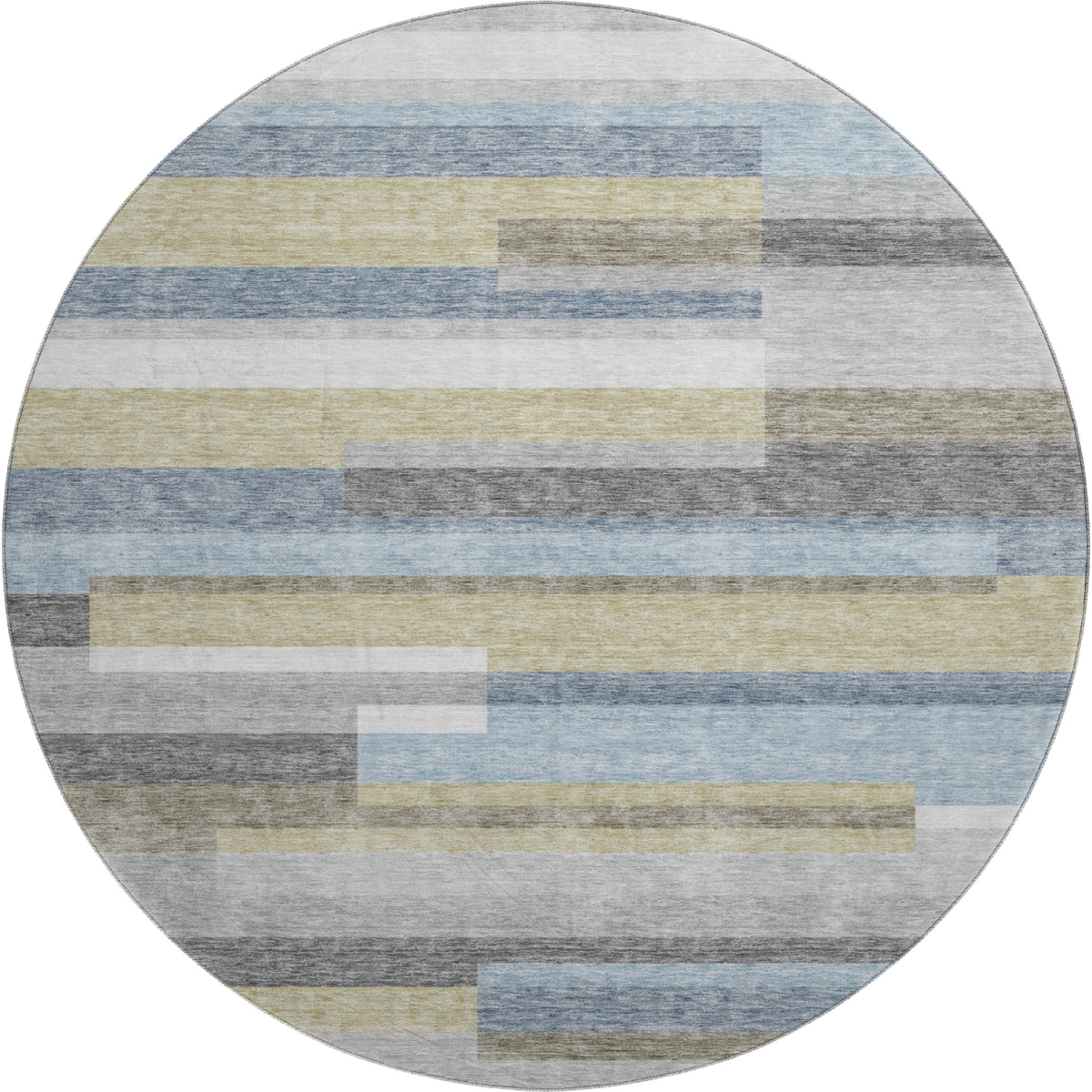 664281 8 ft. Gray Blue & Ivory Striped Transitional Washable Round Area Rug with UV Protection