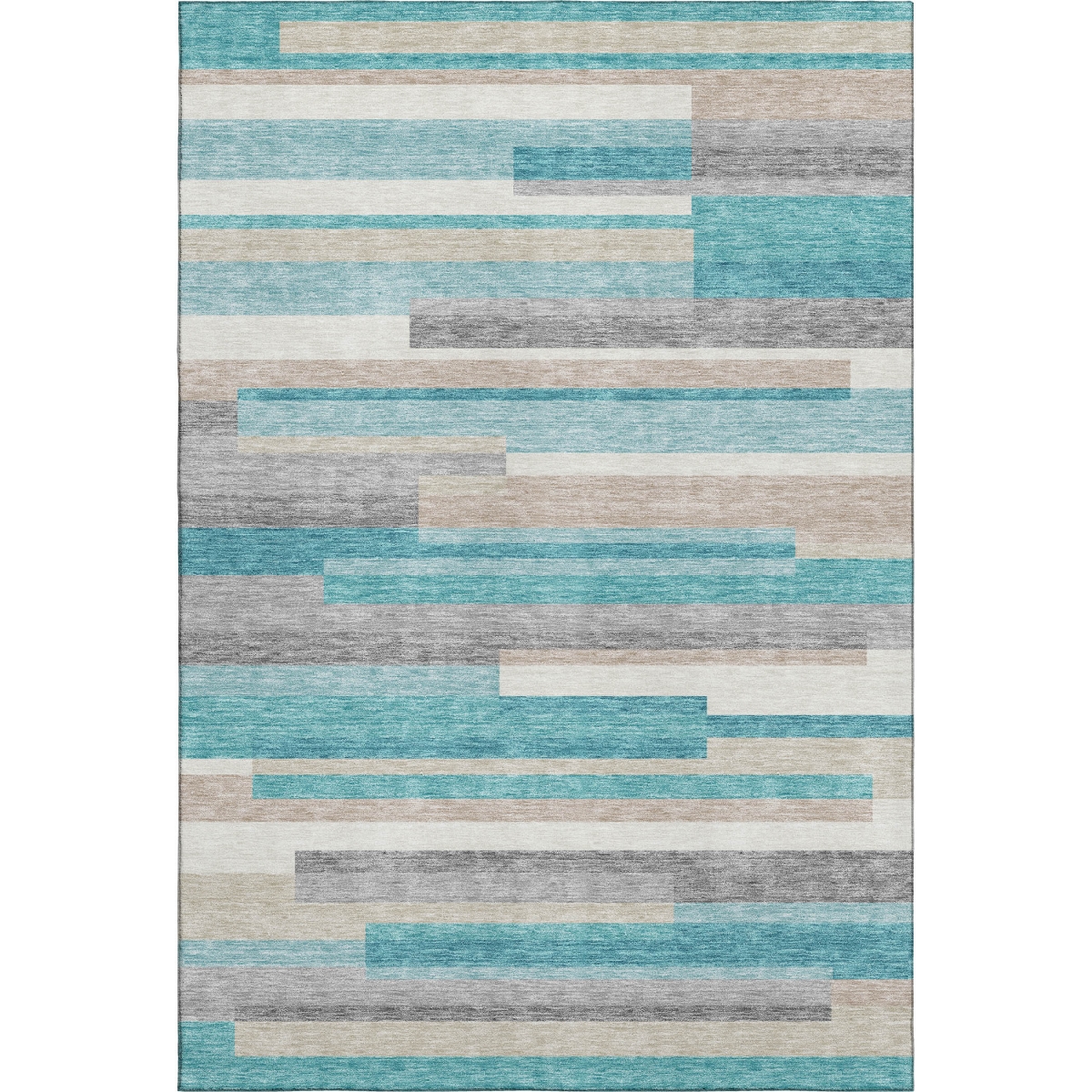 664316 5 x 8 ft. Teal Ivory & Beige Striped Washable Machine Made Rectangle Area Rug with UV Protection