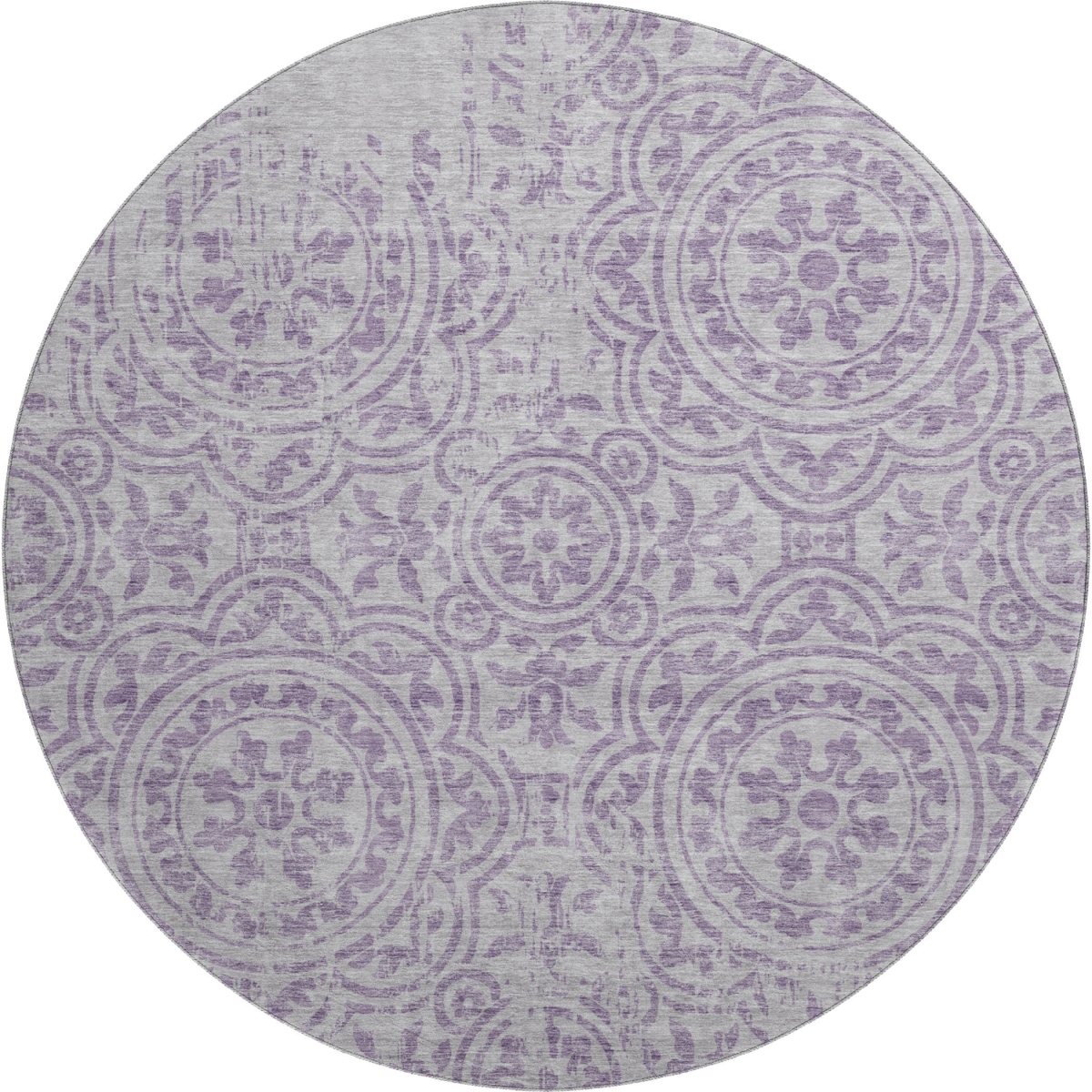 663686 8 ft. Lavender & Ivory Medallion Transitional Washable Round Area Rug with UV Protection