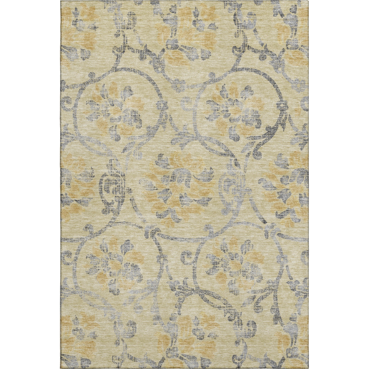 663964 8 x 10 ft. Gold Gray & Silver Floral Washable Machine Made Rectangle Area Rug with UV Protection