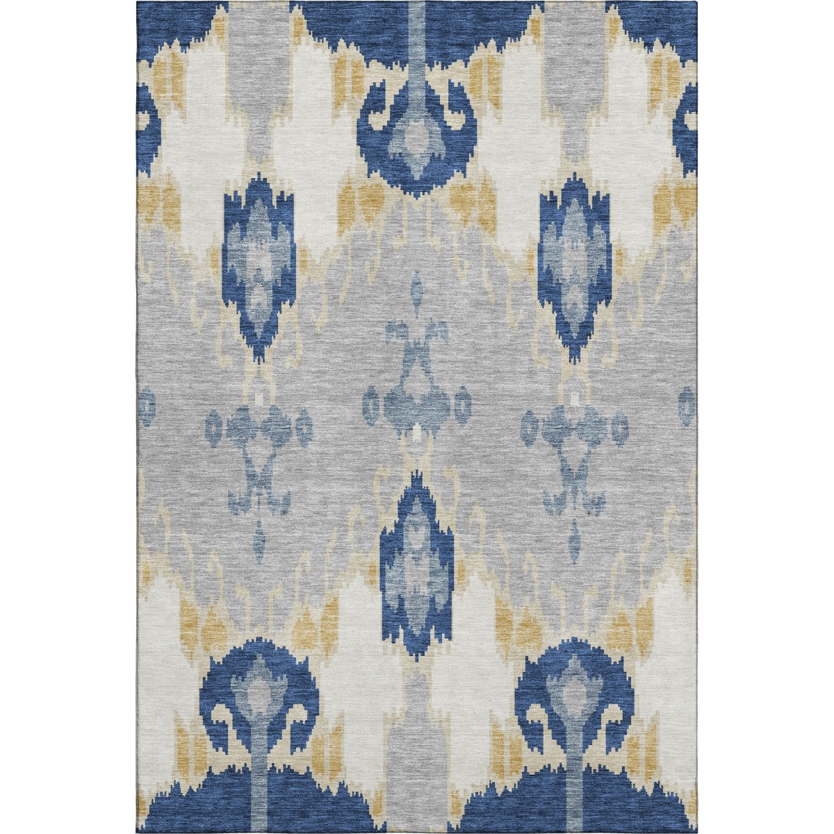 663001 5 x 8 ft. Navy Blue Gold & Ivory Ikat Washable Machine Made Rectangle Area Rug with UV Protection
