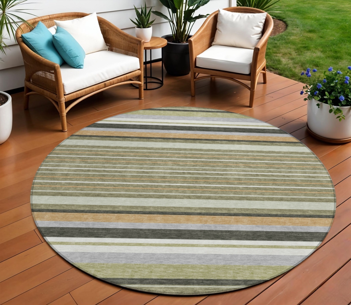 659672 8 ft. Olive Green Copper & Ivory Striped Washable Transitional Indoor & Outdoor Round Area Rug