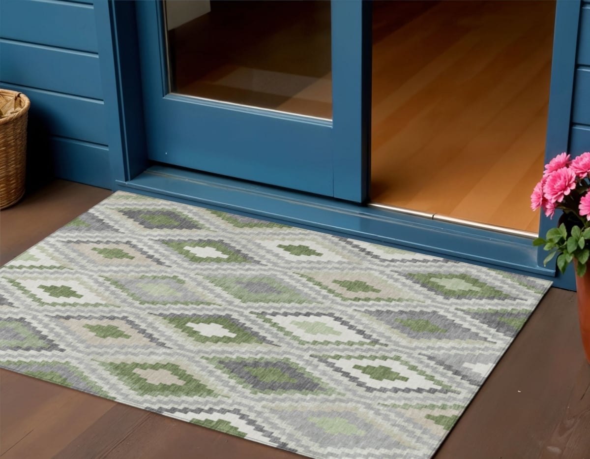 659724 3 x 5 ft. Fern Green Gray & Ivory Geometric Washable Transitional Indoor & Outdoor Rectangle Area Rug