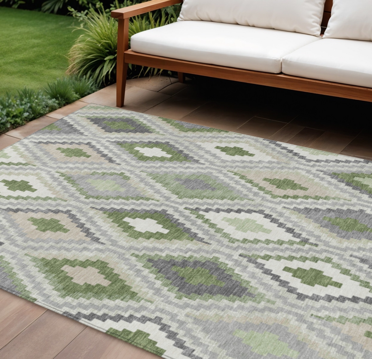 659729 10 x 14 ft. Fern Green Gray & Ivory Geometric Washable Transitional Indoor & Outdoor Rectangle Area Rug
