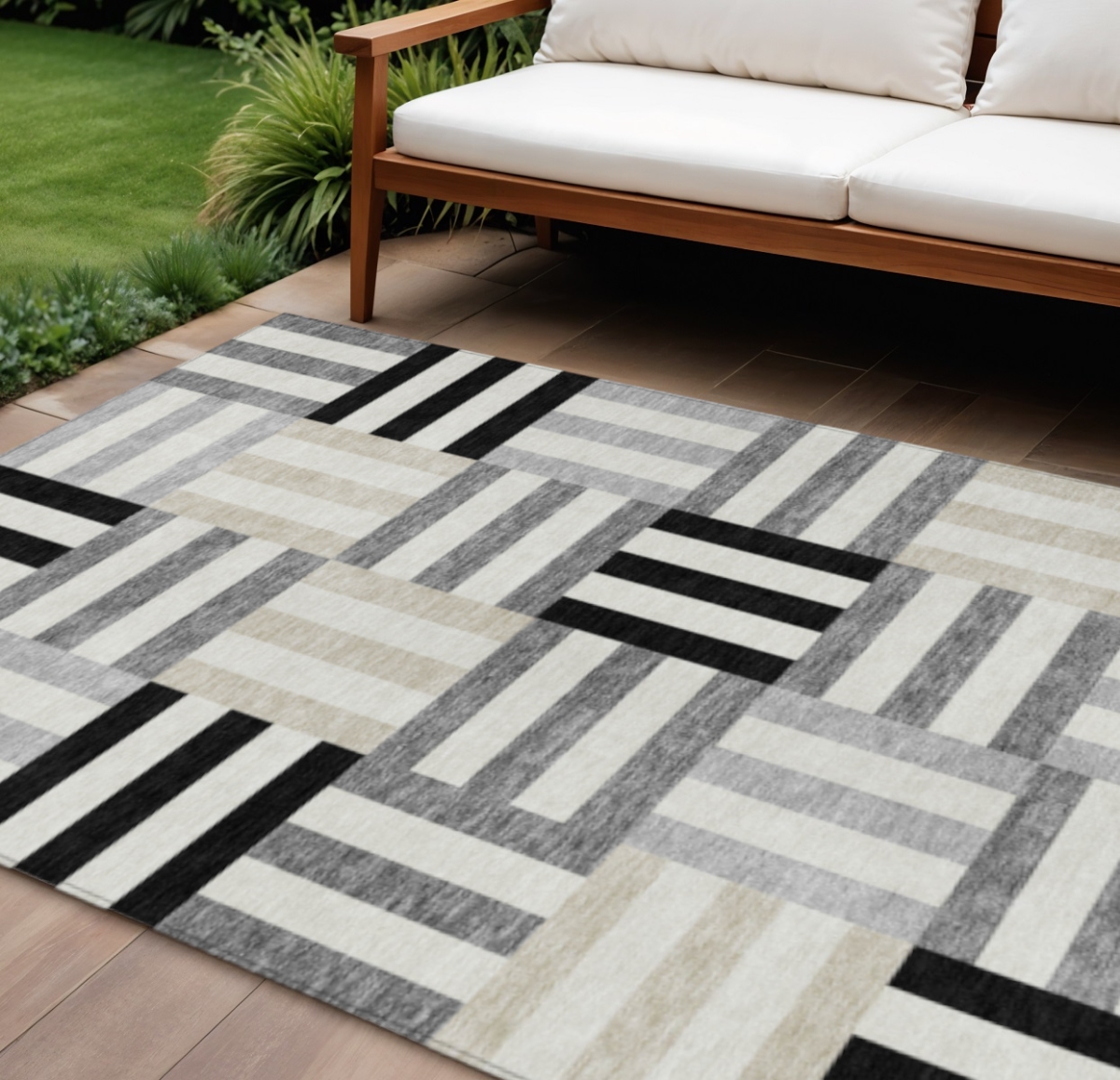 659746 9 x 12 ft. Black Beige & Ivory Geometric Washable Transitional Indoor & Outdoor Rectangle Area Rug