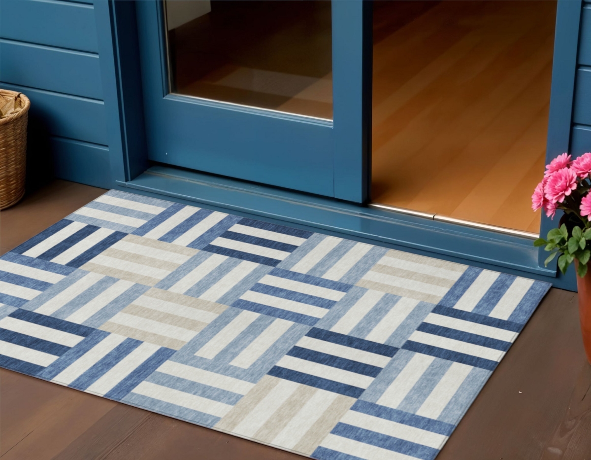 659772 3 x 5 ft. Navy Blue, Ivory & Khaki Geometric Washable Transitional Indoor & Outdoor Rectangle Area Rug