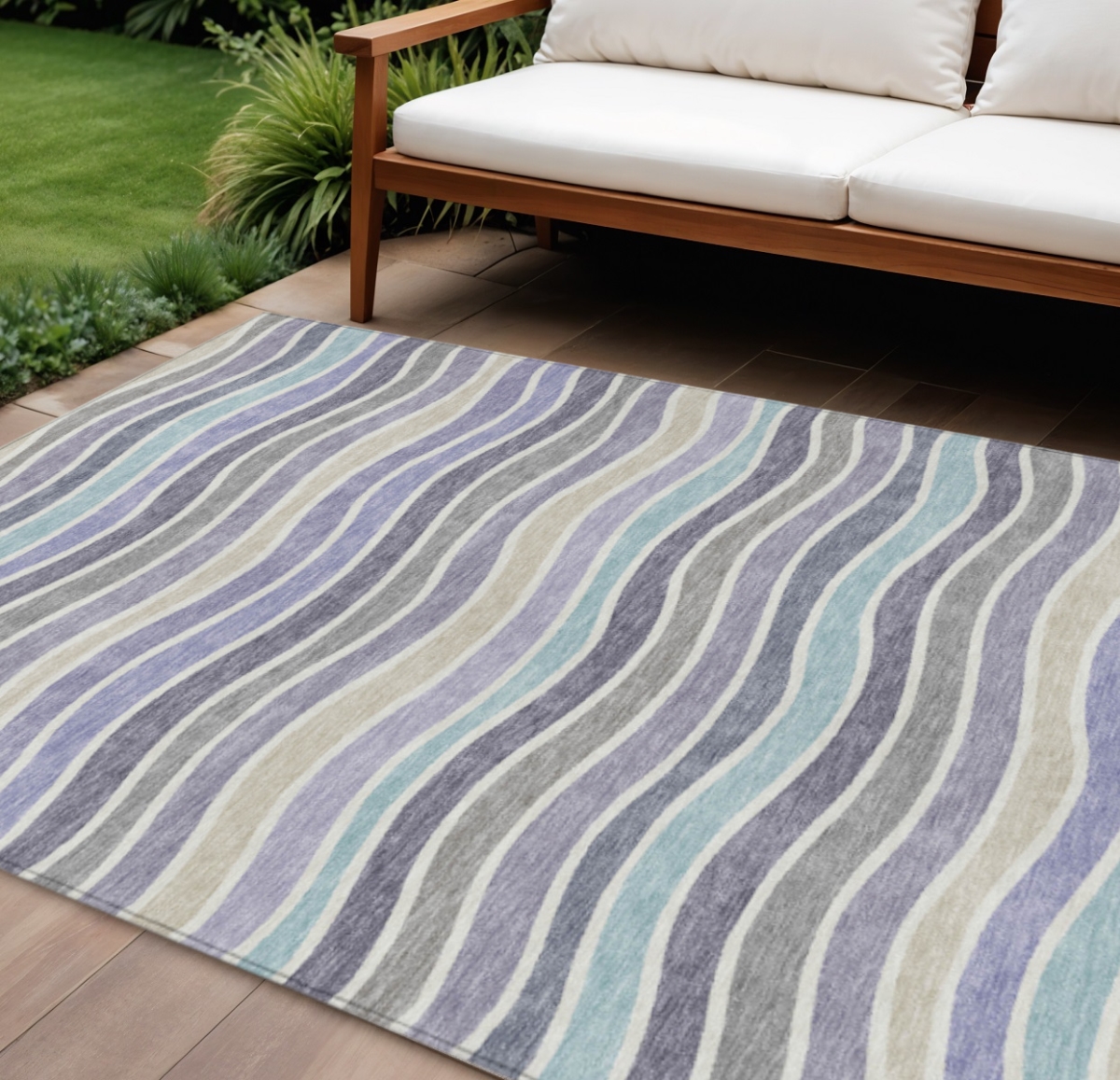 659825 10 x 14 ft. Lavender Tan & Ivory Striped Washable Transitional Indoor & Outdoor Rectangle Area Rug