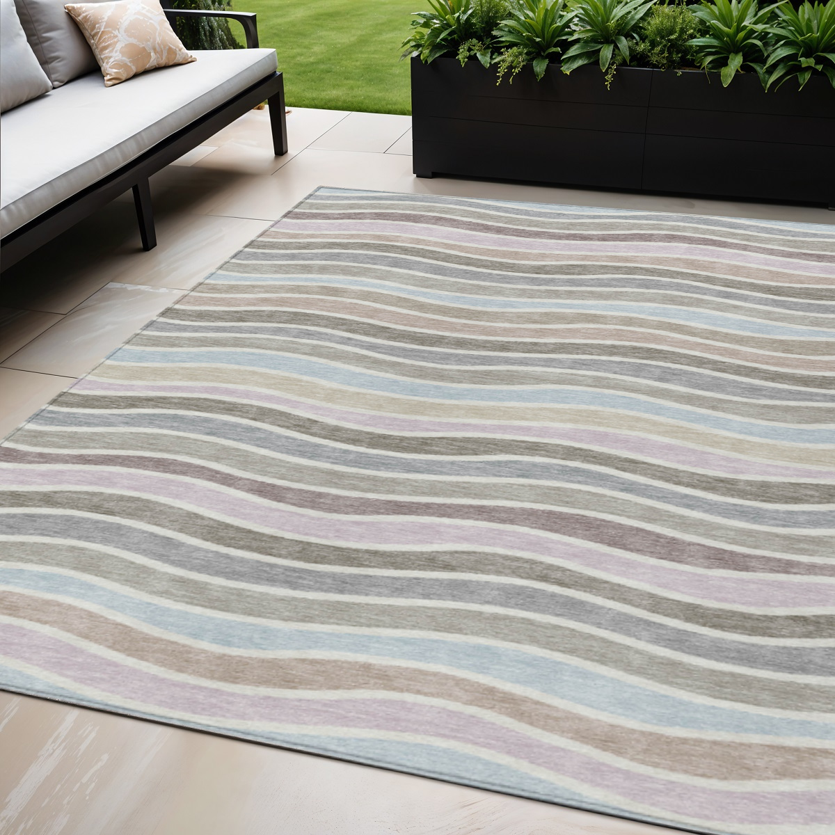 659827 5 x 8 ft. Tan Beige & Ivory Striped Washable Transitional Indoor & Outdoor Rectangle Area Rug