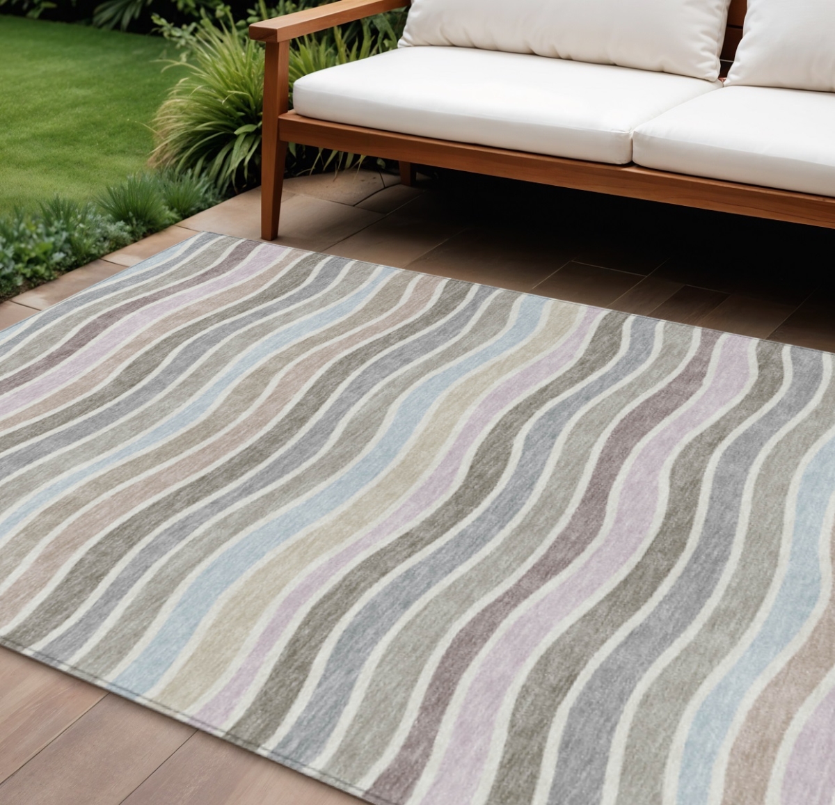 659831 10 x 14 ft. Tan Beige & Ivory Striped Washable Transitional Indoor & Outdoor Rectangle Area Rug