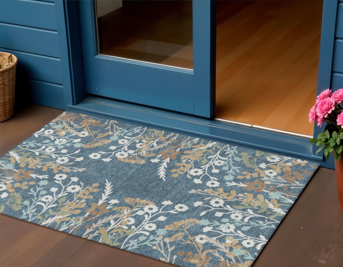659862 3 x 5 ft. Denim Blue Brown & Beige Floral Washable Transitional Indoor & Outdoor Rectangle Area Rug