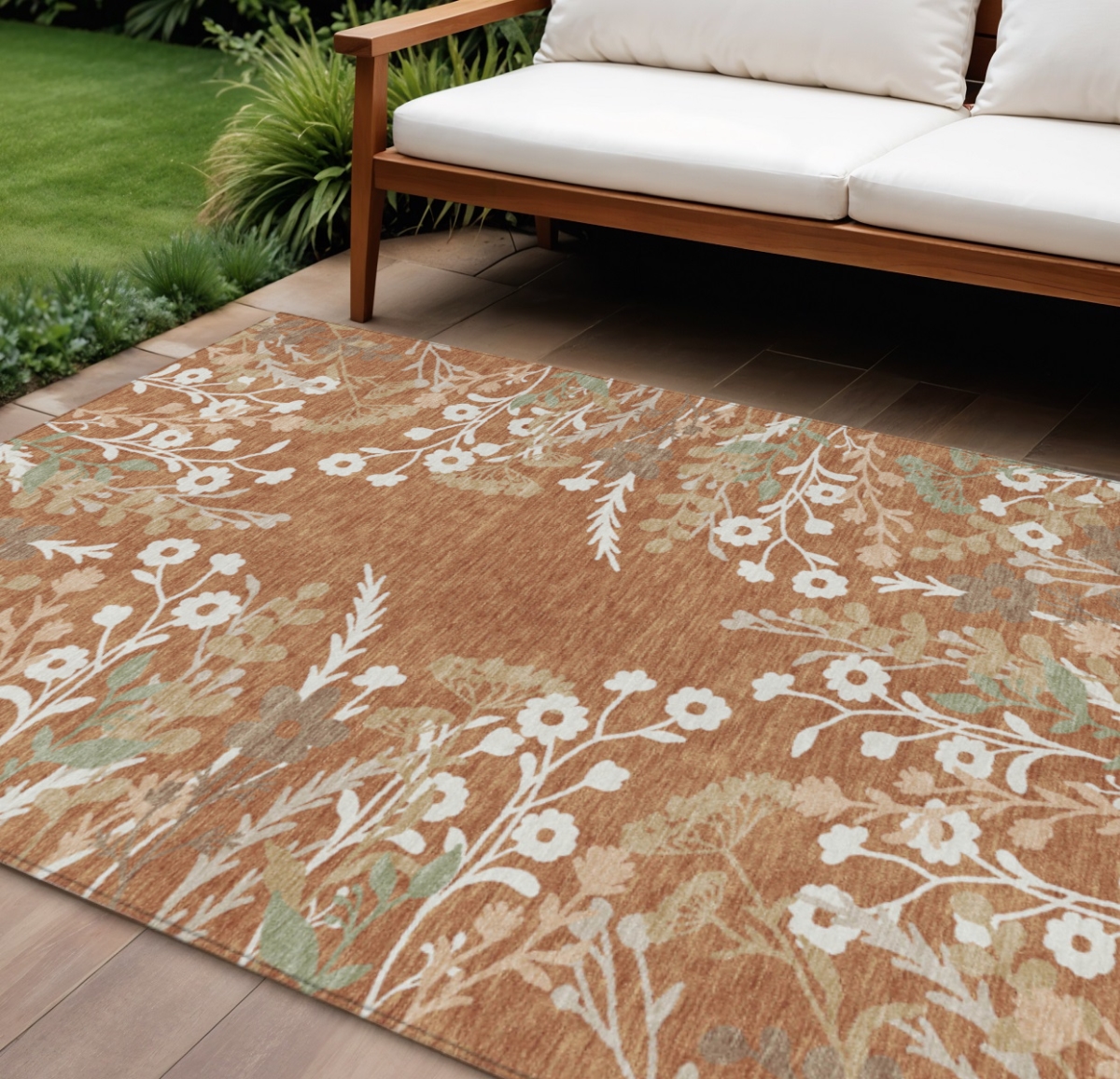 659891 10 x 14 ft. Chili Red Ivory & Green Floral Washable Transitional Indoor & Outdoor Rectangle Area Rug