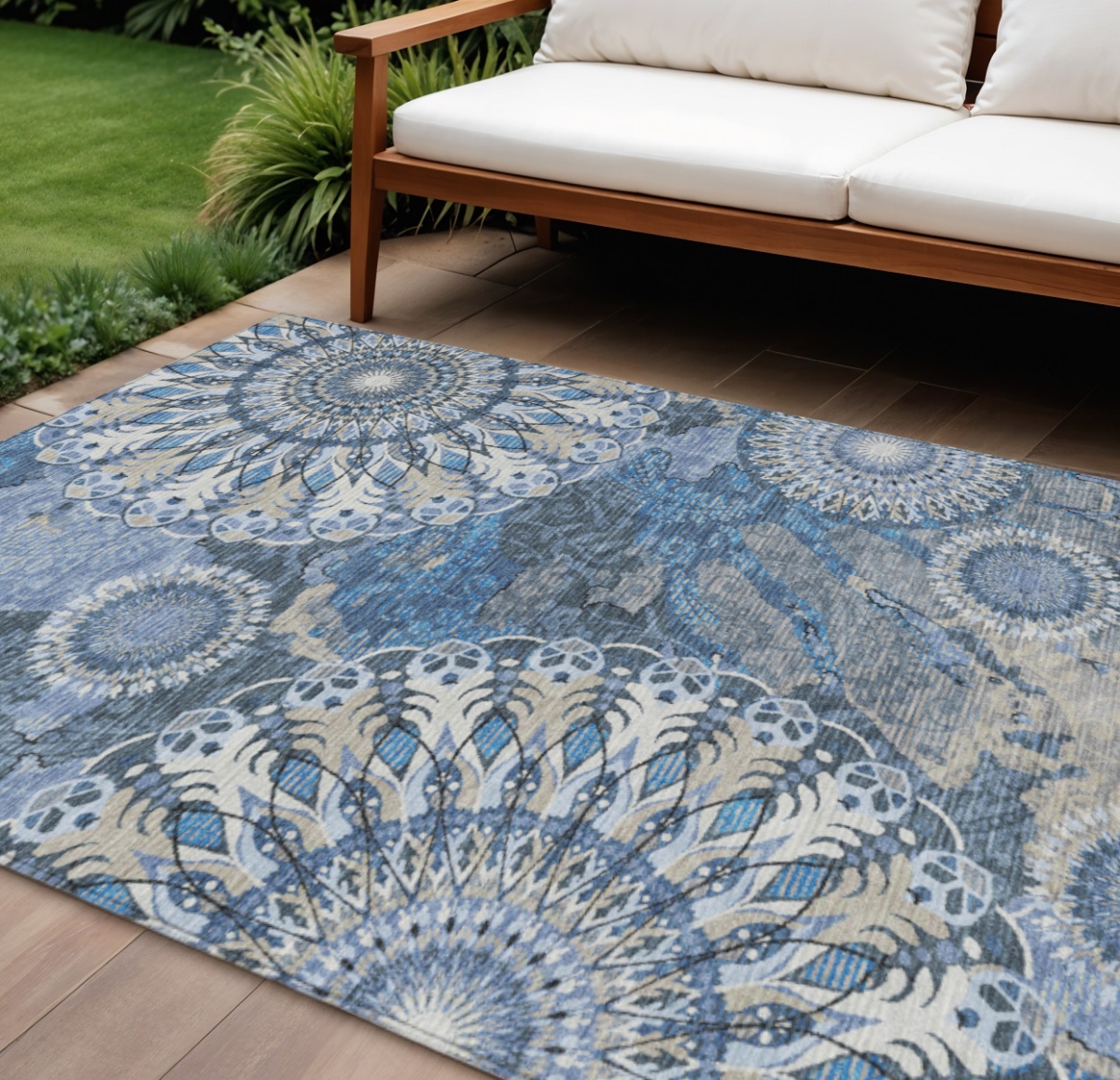 659915 10 x 14 ft. Blue, Ivory & Beige Paisley Washable Transitional Indoor & Outdoor Rectangle Area Rug