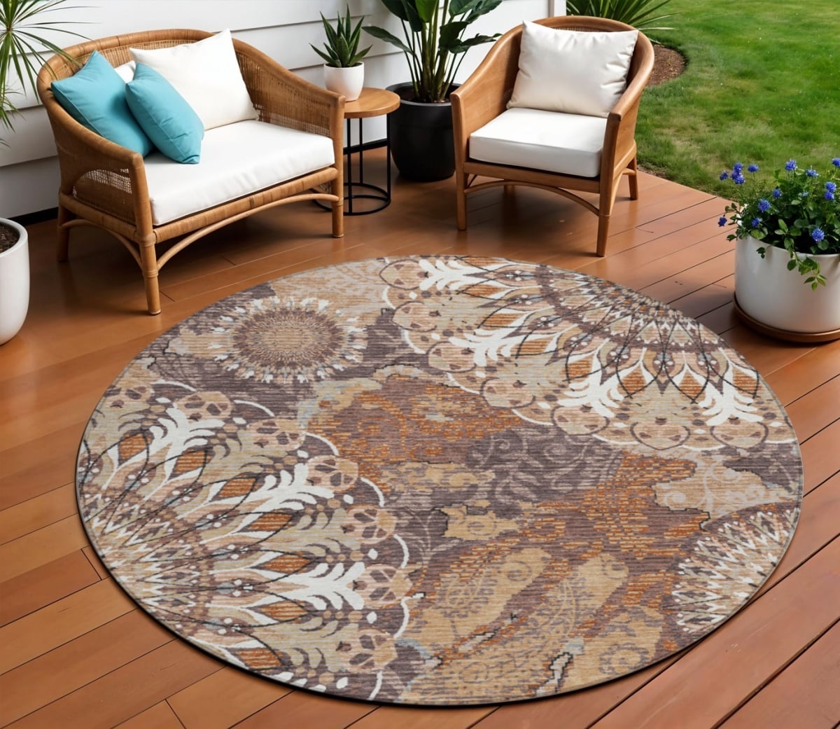 659918 8 ft. Copper, Ivory & Khaki Paisley Washable Transitional Indoor & Outdoor Round Area Rug