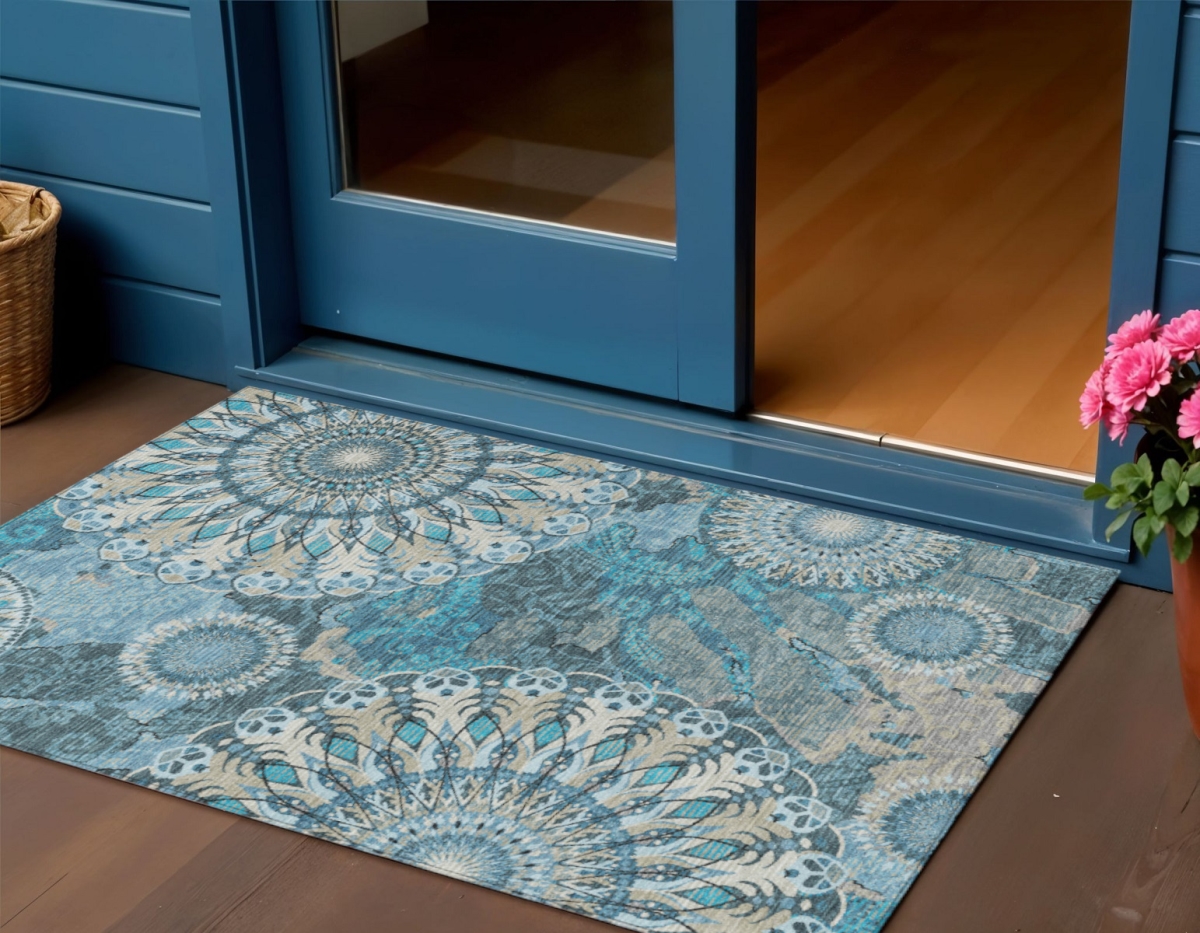 659934 3 x 5 ft. Teal Blue Khaki & Ivory Paisley Washable Transitional Indoor & Outdoor Rectangle Area Rug