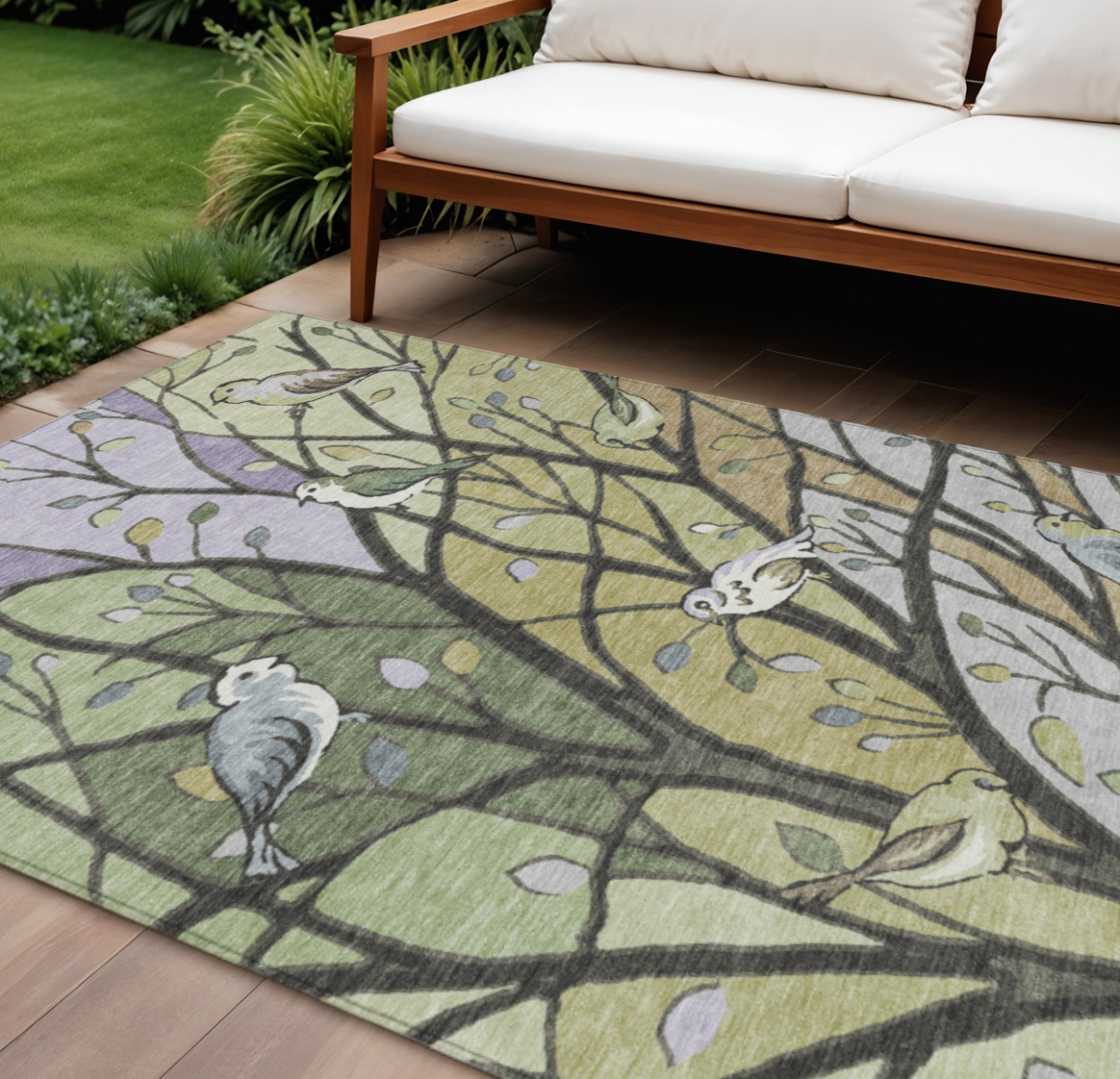 659946 10 x 14 ft. Artichoke Green Wheat & Lavender Botanical Leaves Washable Transitional Indoor & Outdoor Rectangle Area Rug