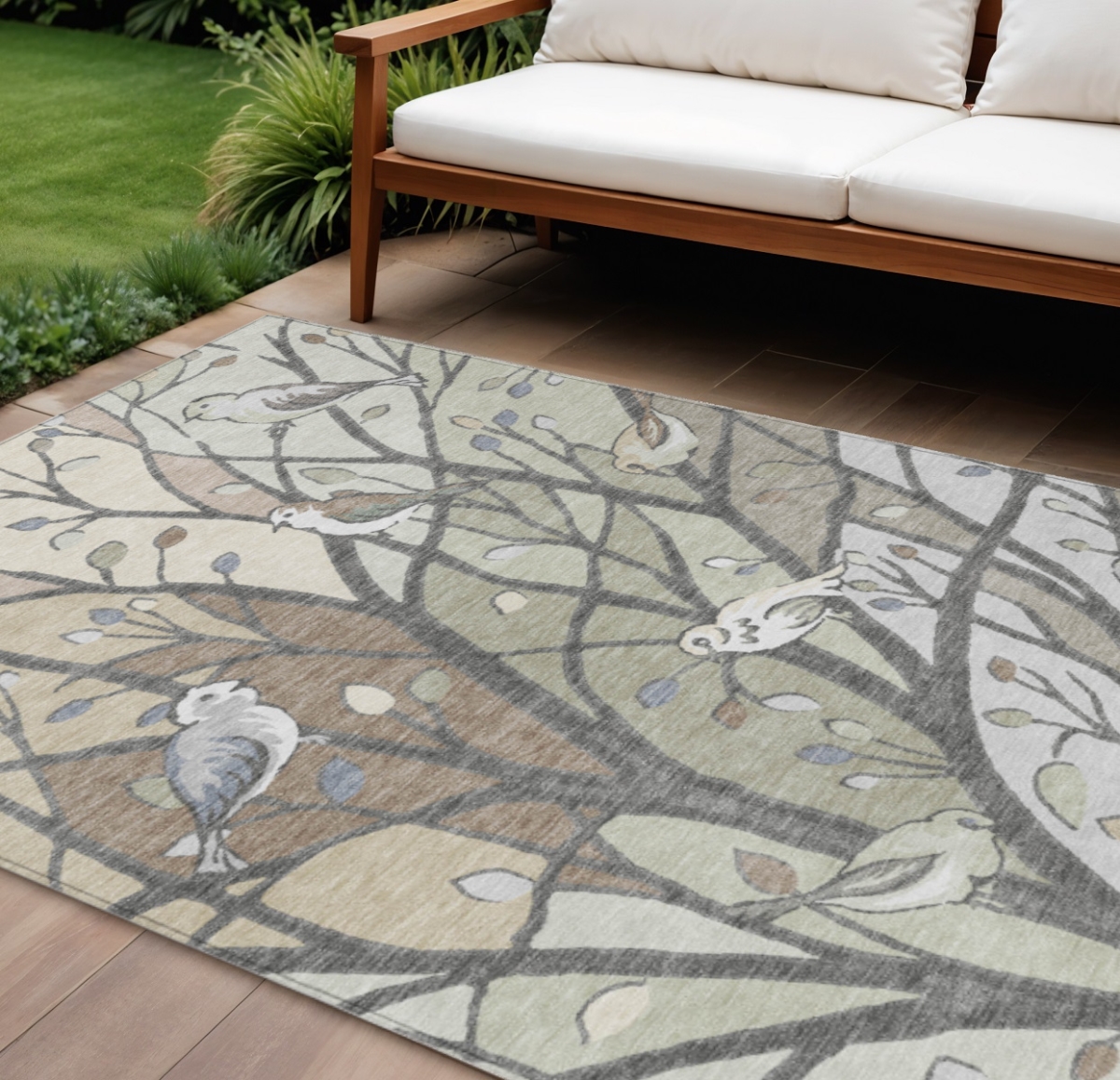 659950 8 x 10 ft. Beige Sage & Khaki Botanical Leaves Washable Transitional Indoor & Outdoor Rectangle Area Rug