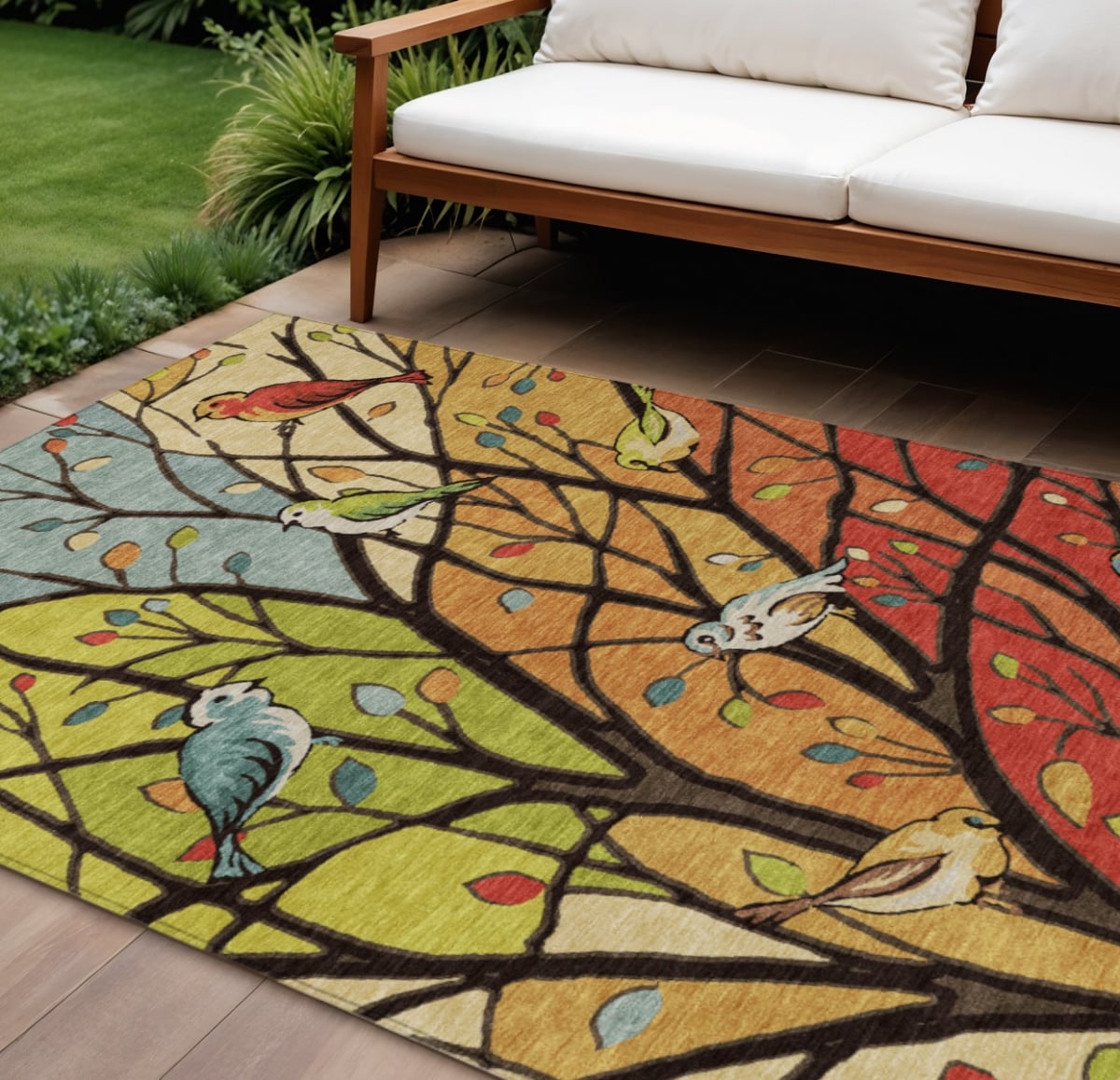 659969 9 x 12 ft. Gold Red & Green Botanical Leaves Washable Transitional Indoor & Outdoor Rectangle Area Rug
