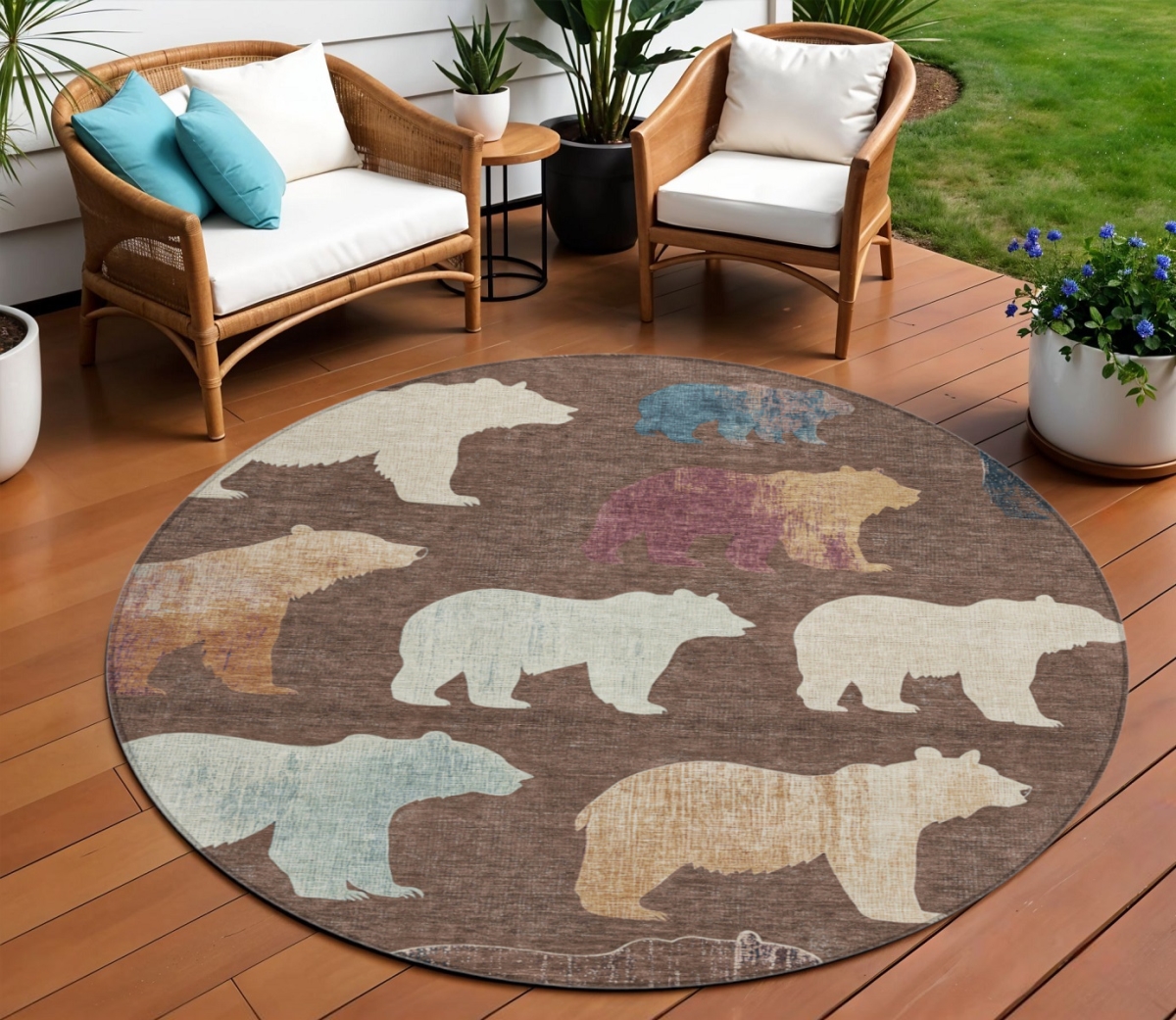 660345 8 ft. Chocolate Ivory & Blue Animal Print Washable Transitional Indoor & Outdoor Round Area Rug