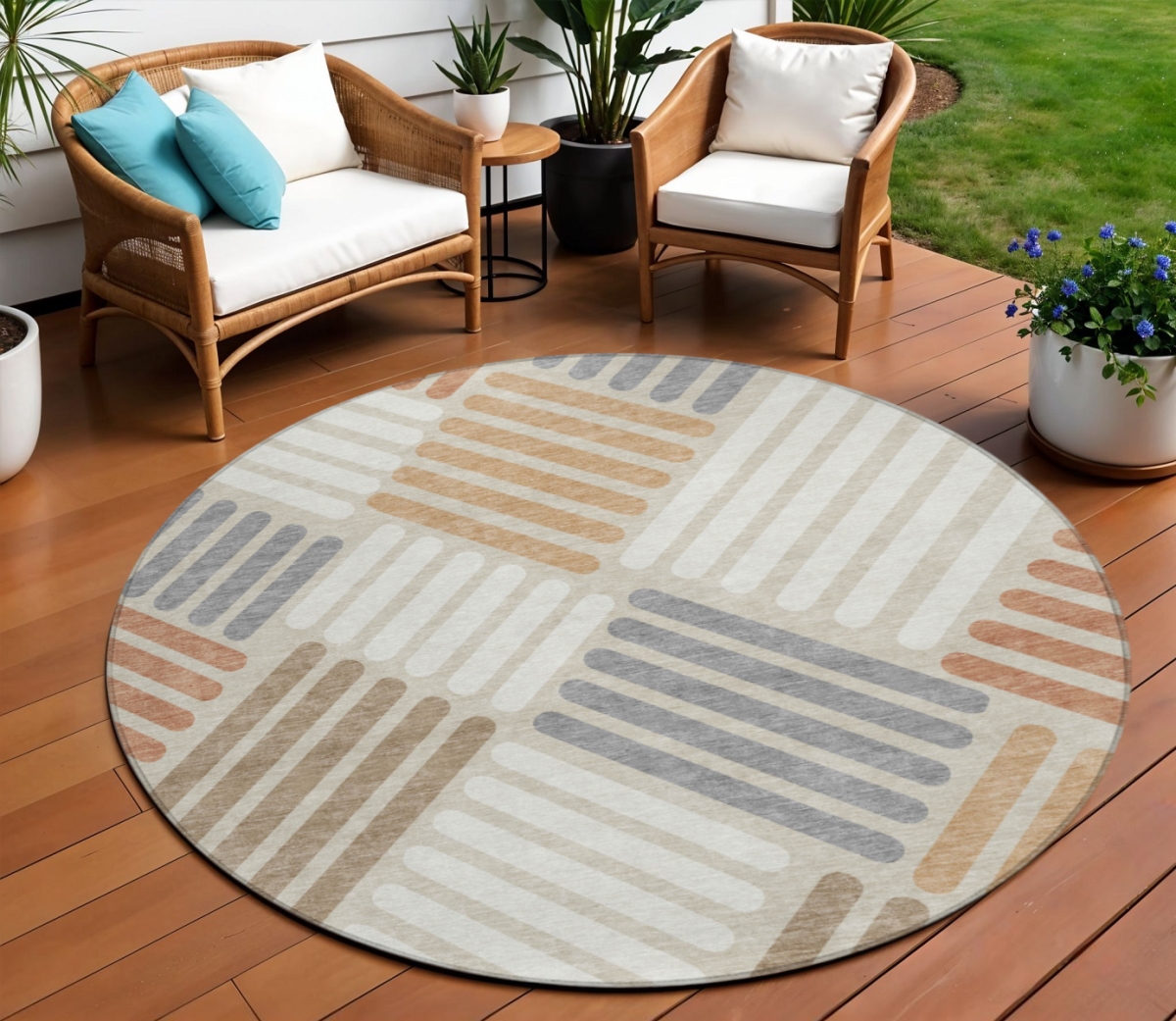 660393 8 ft. Copper, Ivory & Rust Geometric Washable Transitional Indoor & Outdoor Round Area Rug