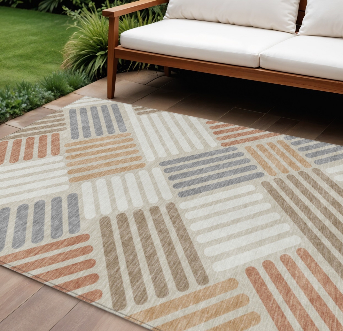 660396 10 x 14 ft. Copper, Ivory & Rust Geometric Washable Transitional Indoor & Outdoor Rectangle Area Rug