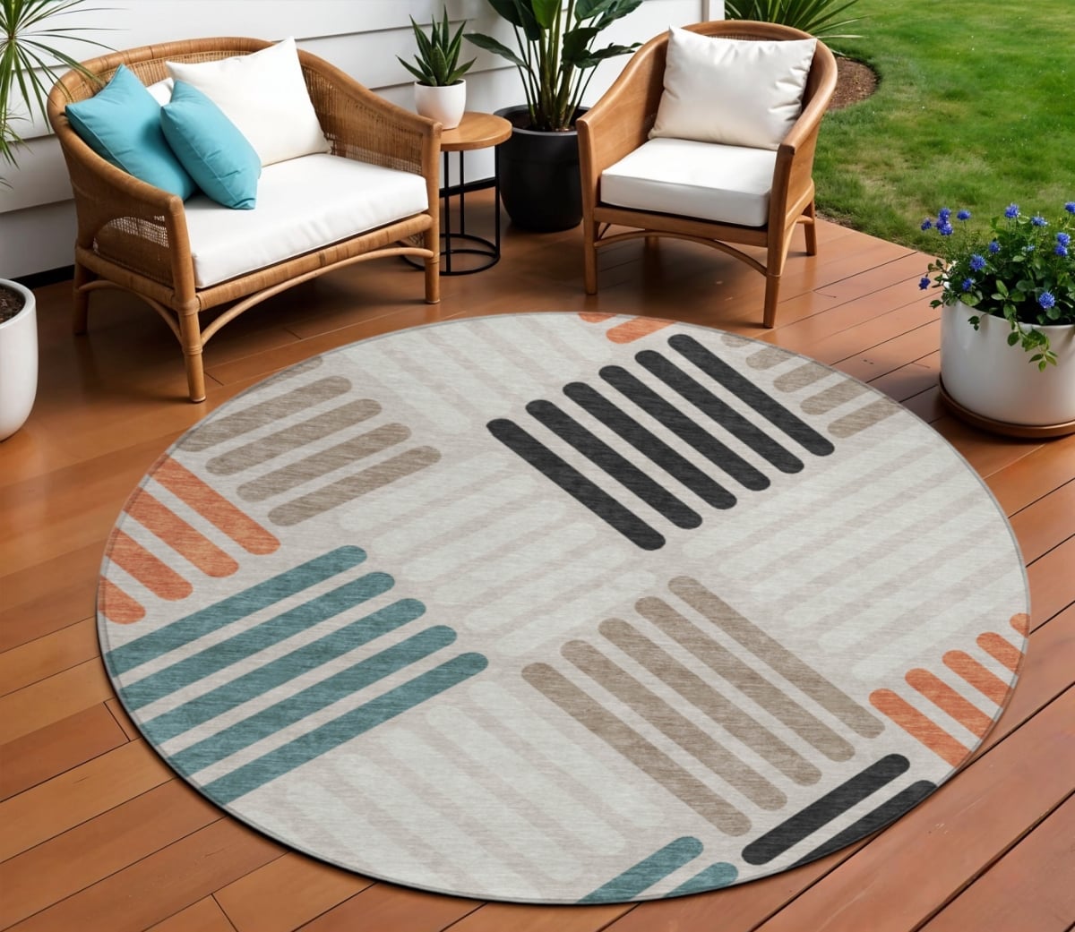 660399 8 ft. Sand Ivory & Black Geometric Washable Transitional Indoor & Outdoor Round Area Rug