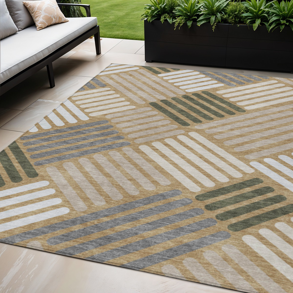 660404 5 x 8 ft. Gold Ivory & Charcoal Geometric Washable Transitional Indoor & Outdoor Rectangle Area Rug