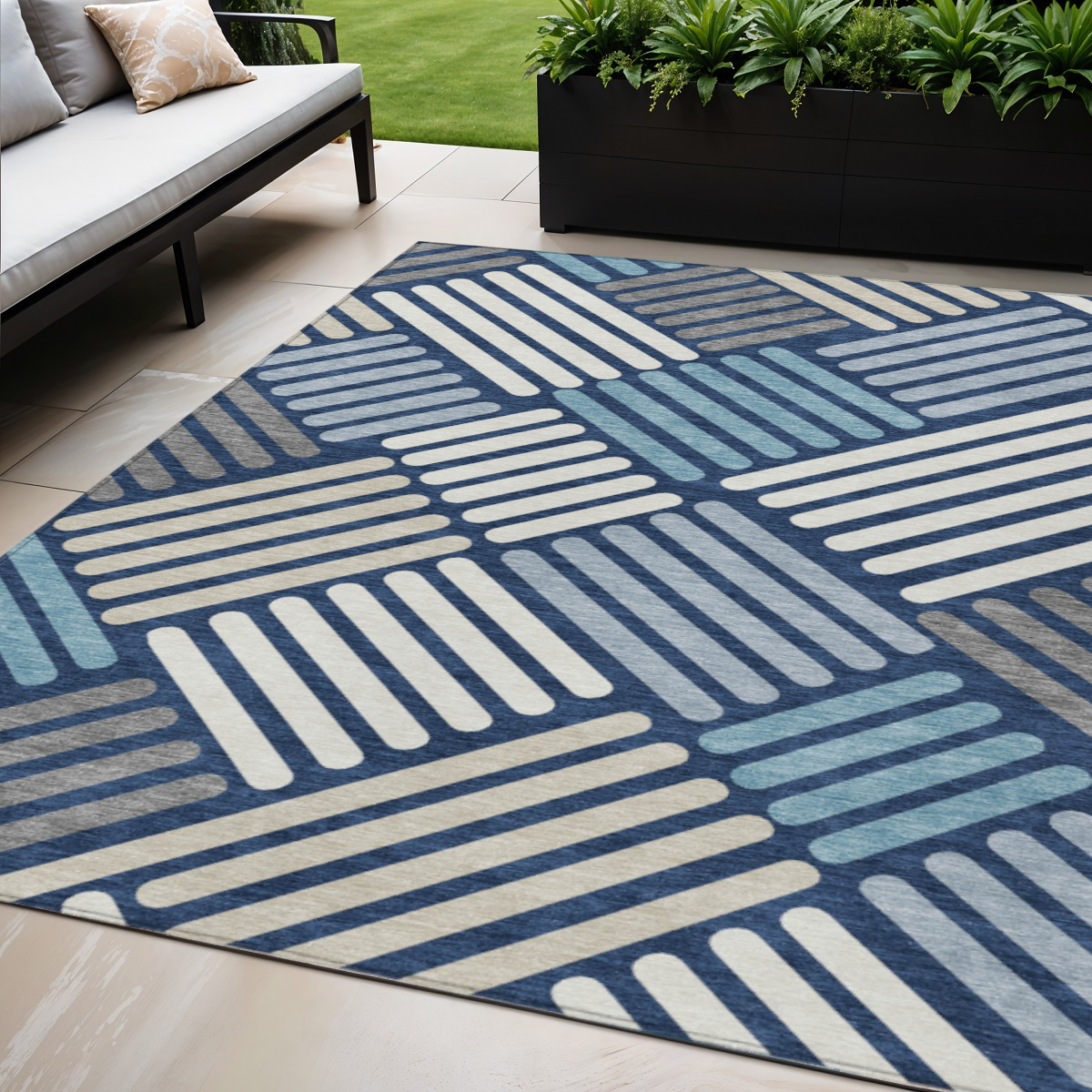 660422 5 x 8 ft. Navy Blue, Ivory & Pewter Geometric Washable Transitional Indoor & Outdoor Rectangle Area Rug