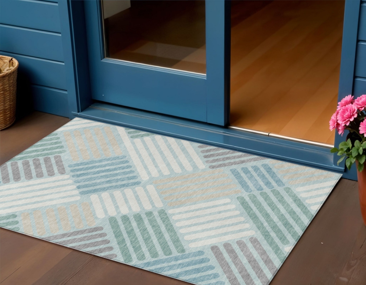 660427 3 x 5 ft. Pale Aqua Wheat & Ivory Geometric Washable Transitional Indoor & Outdoor Rectangle Area Rug