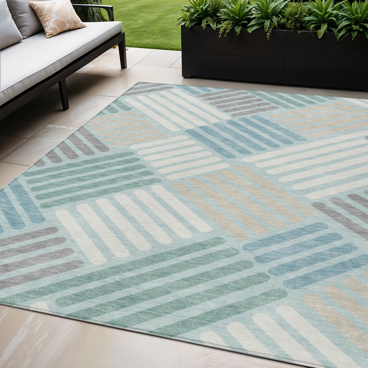 660428 5 x 8 ft. Pale Aqua Wheat & Ivory Geometric Washable Transitional Indoor & Outdoor Rectangle Area Rug