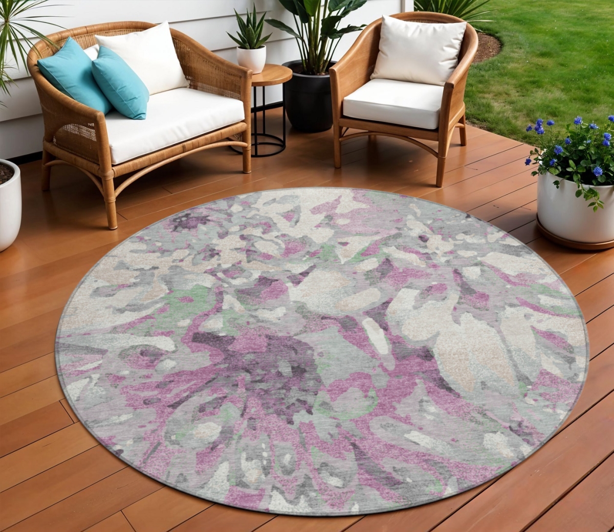 660441 8 ft. Blush Ivory & Gray Floral Washable Transitional Indoor & Outdoor Round Area Rug