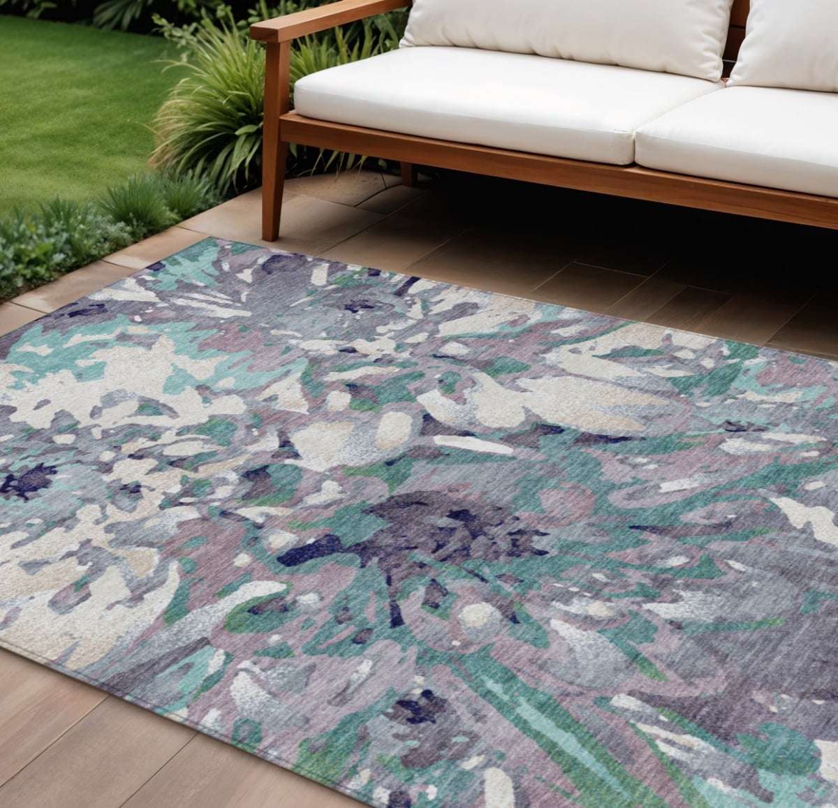 660462 10 x 14 ft. Lavender Gray & Ivory Floral Washable Transitional Indoor & Outdoor Rectangle Area Rug