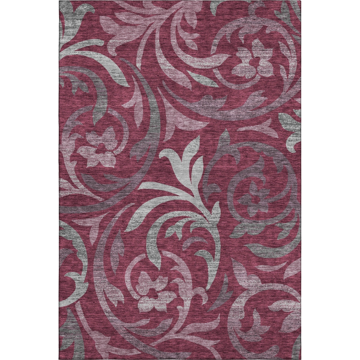 664112 5 x 8 ft. Burgundy Gray & Silver Floral Washable Machine Made Rectangle Area Rug with UV Protection